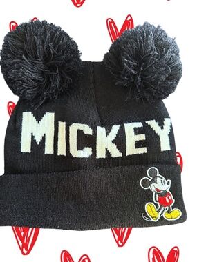 Disney Mickey Mouse Beanie Winter Hat with Pom Poms, Black, No Tags